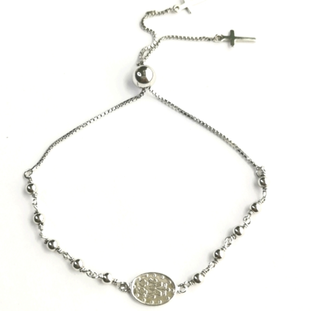 New Sterling Silver Decade Rosary Prayer Bracelet With Cross Charm